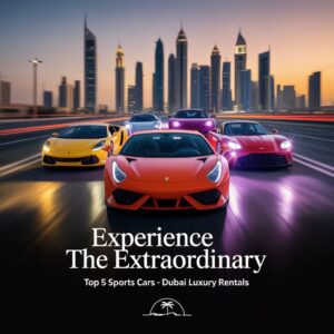 Luxury sports cars racing through Dubai at sunset with skyline backdrop—perfect visual for Top 5 Sports Cars to Rent in Dubai and sports car rental in Dubai promotions.