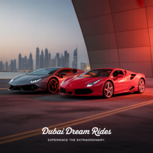 . Two red sports cars parked side by side, showcasing luxury and performance in a vibrant setting.
