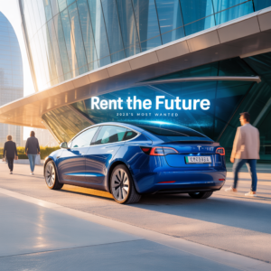Tesla Model 3 featured as a top rental choice for 2025 in Dubai, showcasing modern design and electric performance.
