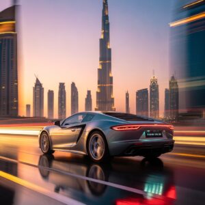 A sleek silver luxury sports car speeds along a brightly lit road in downtown Dubai at sunset, with the iconic Burj Khalifa and other modern skyscrapers in the background. The image conveys elegance, speed, and the opulent lifestyle associated with luxury car rentals in Dubai.