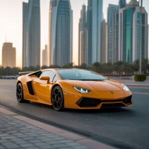 A vibrant orange Lamborghini sports car parked on a sleek urban road in Abu Dhabi, with modern skyscrapers and palm trees in the background, captured during golden hour.